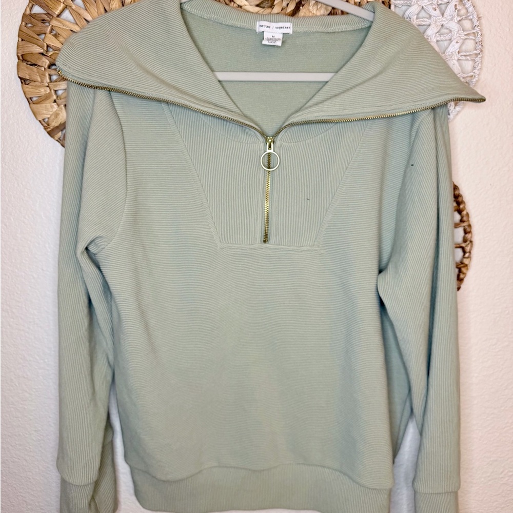 Ribbed Half-Zip Pullover Hoodie in Sage Green